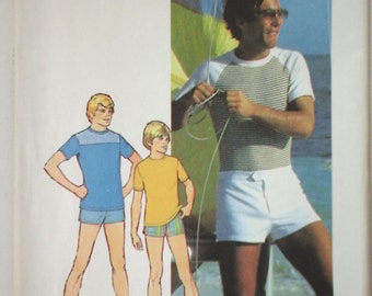 FF Simplicity 7550 Mens T- Shirt and Swim Shorts pattern, sizes 34-36, Vintage 70s Simplicity Mens Bathing Trunks pattern M, Teen Knit Shirt