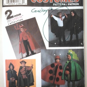 May include: Simplicity Costumes pattern featuring various children's costume designs. The cover showcases images of a devil, a cowboy, a bat, a ladybug, and a dragon. The pattern includes sizes A, S, M, and L.