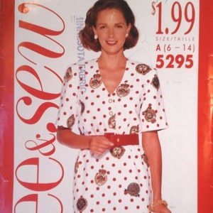Butterick 5295 See & Sew Easy Dress pattern, sizes 6-14, Bust 30.5-36, Vintage 90s Dress Pattern, Easy button front dress, dress pattern