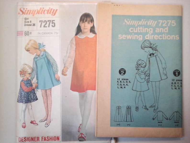 Simplicity 7275 Girls Dress Pattern, size 8, 1960s vintage girls sewing pattern, girls jumper pattern 8, girls long sleeve dress pattern 画像 5