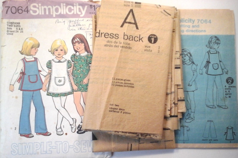 Simplicity 7064 Girls Dress, Apron and Pants Pattern, sizes 5-6, pattern,  instructions,  envelope