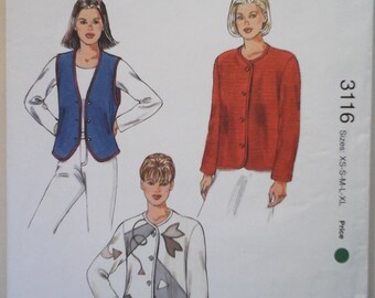 FF Kwik Sew 3116 Misses lined Vest and Jacket Pattern, sizes XS-XL, Contrast lining jacket or vest, applique jacket, round neck collarless