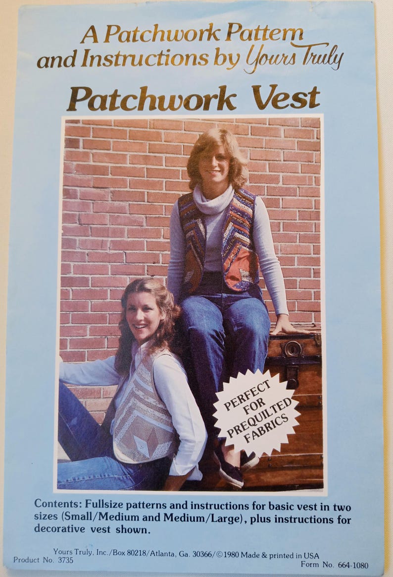 Patchwork Pattern's Patchwork Vest Pattern, Sizes S-M-L, 1980s Easy Quilted Vest Pattern