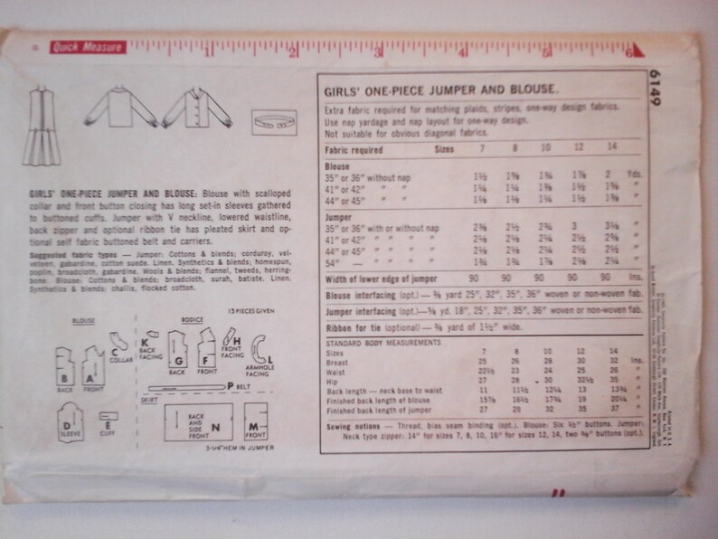 Simplicity 6149 Girls Jumper Dress and Blouse Pattern, size 7, Vintage Girl's Sewing Pattern, 1960s Pattern, girl's pleated drop-waist dress image 2