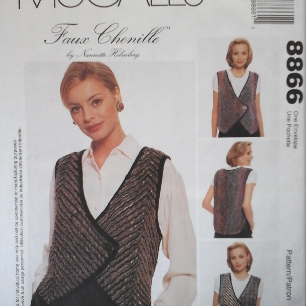 McCall's 8866 Misses Faux Chenille Vest Pattern, Vest with Mixed Fabrics by Nannette Holmberg, size S-XL