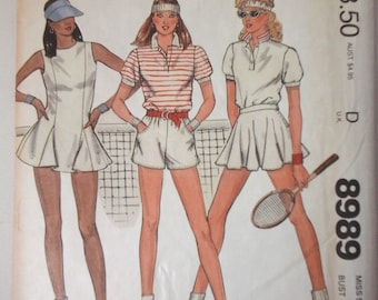 Vintage McCall's 8989 Misses Tennis Package, Tennis Dress and Briefs or Top, Shorts and Tennis Skirt Pattern, size 10, Bust 32.5, 80s Tennis