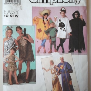 May include: A Simplicity sewing pattern for children's costumes. The pattern includes costumes for a scarecrow, a knight, a queen, a vampire, a caveman, a zebra, a playing card, and a Robin Hood character. The pattern is labeled "Easy to Sew" and is size BB (4-10).