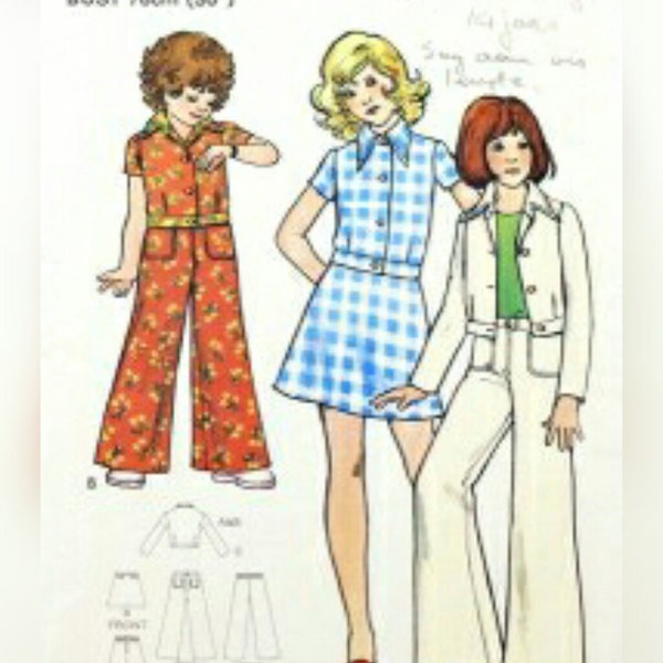 FF Butterick 3096 Girls Skirt, Pants and Top Pattern, size 10, *NO ENVELOPE, Vintage 60s Girls Clothes Sewing Pattern, bell-bottom pants