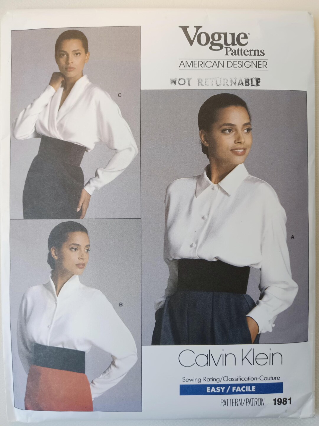 80s Vogue 1981 American Designer Calvin Klein Blouses Pattern, Size 8 ...
