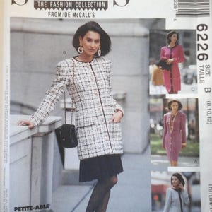 May include: A vintage sewing pattern from Sew News featuring a woman in a black skirt and a tweed jacket with black trim. The pattern includes multiple views of dresses and jackets. The text on the pattern reads "Petite-Able" and "Focus on Overlock (Serger) Sewing."