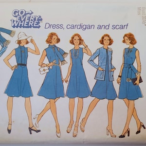 Simplicity 6850, Fit & Flare Dress, Cardigan and Scarf Pattern, 70s A-line dress and jacket set, Size 8 Bust 31.5 pattern
