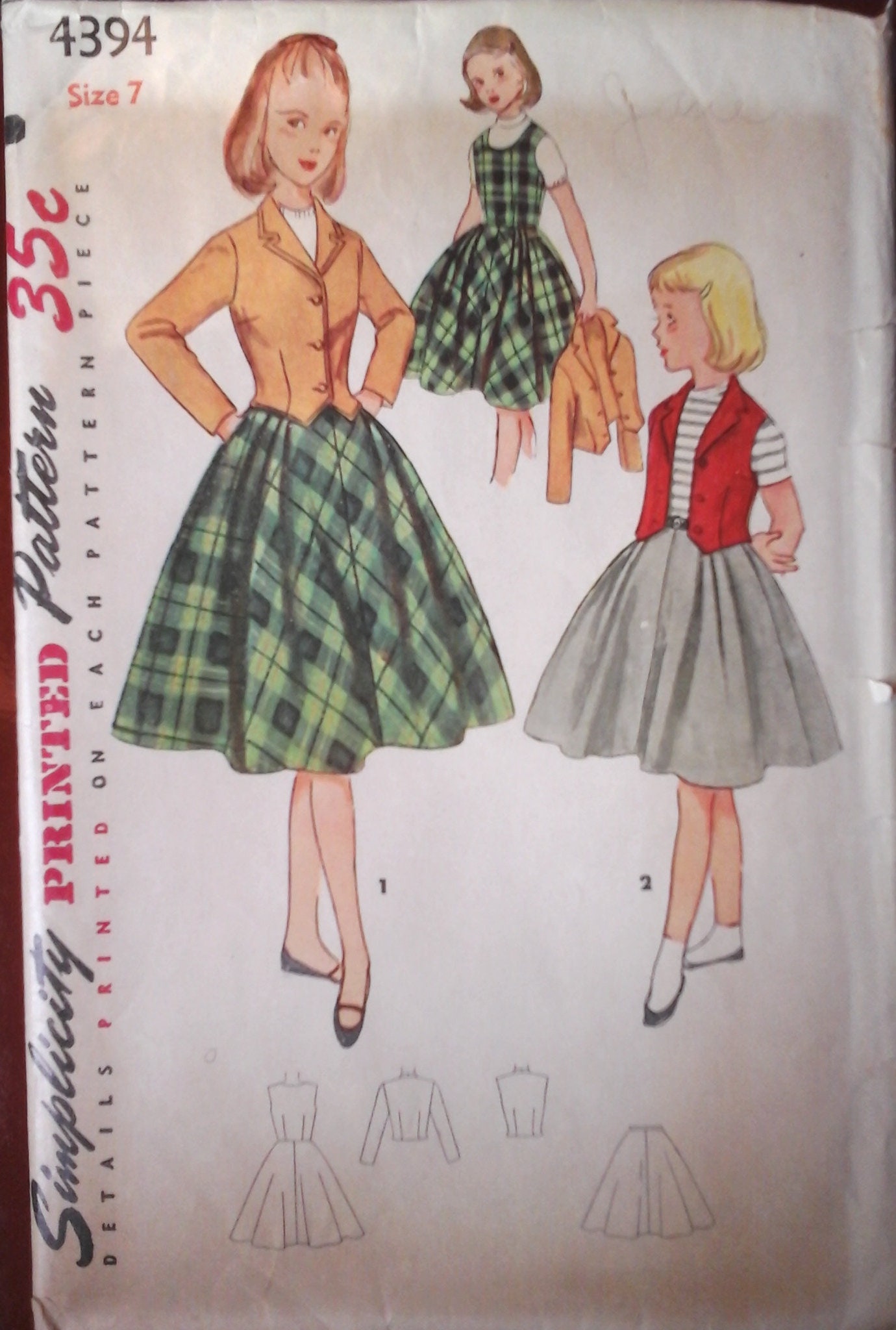 50s Simplicity 4394 Girls Jumper, Jacket,  Weskit and  Skirt Pattern, size 7, Breast 25, Vintage Simplicity Girl's sewing pattern, 1950s