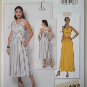 May include: A sewing pattern for a dress with two different styles. The first style is a striped midi dress with a V-neck and a criss-cross back. The second style is a solid yellow maxi dress with a V-neck and a gathered skirt. The pattern is for sizes 14-16-18-20-22. The pattern is from Butterick and is called Lisette B6661.