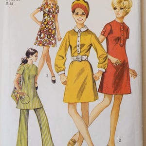 May include: Vintage Simplicity sewing pattern 8585, designed for knit fabrics. The pattern features illustrations of four different outfits, including dresses and a pantsuit. The size 10 pattern includes bust 32.5" and waist 24" measurements.