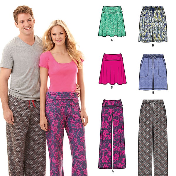 FF New Look 6165 Unisex Pants, Shorts, Skirt Sewing Pattern, sizes 8-18, XS-XL, Yoga pants, fold-over knit stretch skirt, tie waist shorts