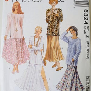May include: McCall's sewing pattern 6324 featuring various women's fashion designs. The pattern includes options for tops and skirts, with illustrations showcasing different styles. The size is Z (Med, Lrg, XLG).