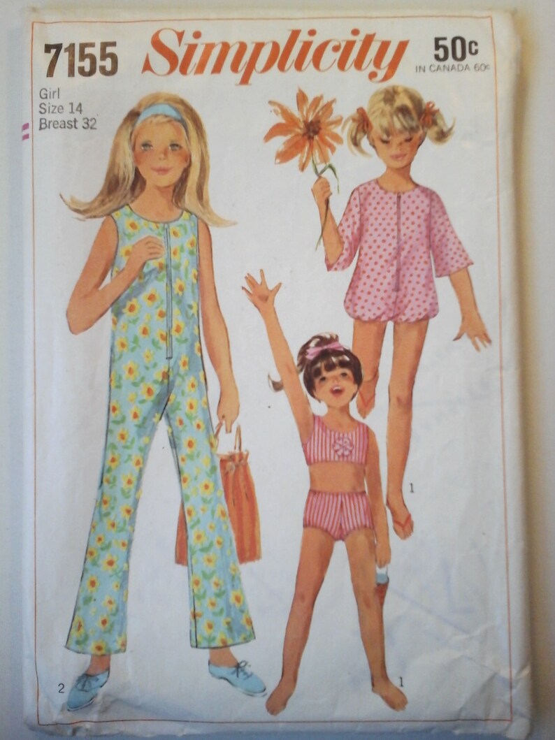 Simplicity 7155 Girls Jumpsuit, Playsuit, and Bathing Suit Pattern, size 14