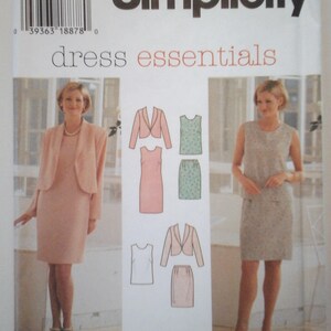 May include: Simplicity pattern number 7115 for dress essentials. The pattern includes three different dress styles: a sleeveless dress with a jacket, a sleeveless dress with a skirt, and a sleeveless dress with a top. The pattern is for sizes 12, 14, and 16.