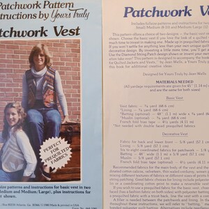 May include: A vintage sewing pattern booklet titled "Patchwork Vest" by Yours Truly. The cover features a photo of a woman wearing a patchwork vest. The booklet includes instructions and patterns for two sizes.