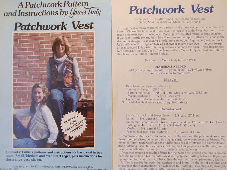 May include: A vintage sewing pattern booklet titled "Patchwork Vest" by Yours Truly. The cover features a photo of a woman wearing a patchwork vest. The booklet includes instructions and patterns for two sizes.