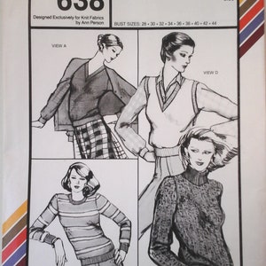 Stretch & Sew 638  Classic Pullover Tops Pattern, Sizes 4-24, pullover vest, knit top pattern, crew neck, turtle neck top pattern, 80s uncut