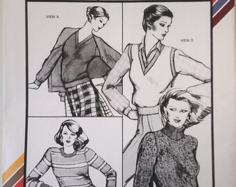 Stretch & Sew 638  Classic Pullover Tops Pattern, Sizes 4-24, pullover vest, knit top pattern, crew neck, turtle neck top pattern, 80s uncut