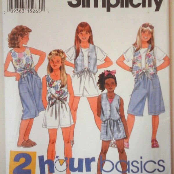 Simplicity 8953 Girls Shorts, Top and Lined Vest Pattern, size 7-8-10, Vintage 90s pattern, Child tie-front top, knee-length shorts, vest