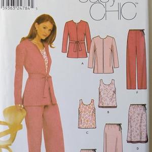 May include: A Simplicity sewing pattern envelope 9630 for easy chic clothing. The front displays illustrations of a jacket with a tie belt, a sleeveless top with circular or floral patterns, trousers, and skirts. Text includes Simplicity and easy CHIC.