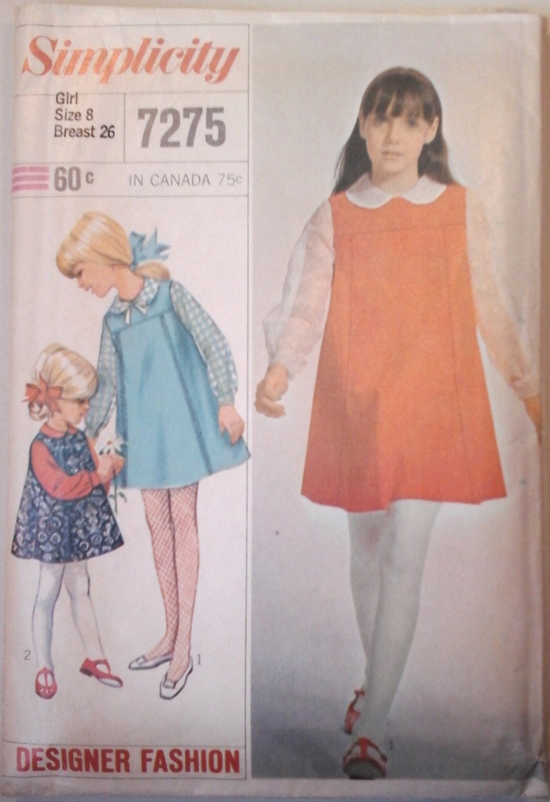 Simplicity 7275 Girls Dress Pattern, size 8, 1960s vintage girls sewing pattern, girls jumper pattern 8, girls long sleeve dress pattern image 1