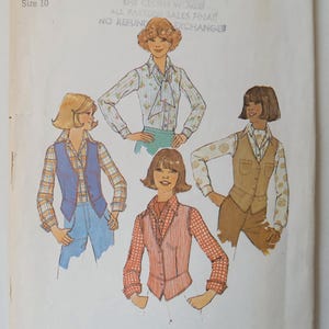 May include: Vintage Simplicity sewing pattern 7600 featuring illustrations of women's blouses and vests. The pattern includes a size 10. The cover has the Simplicity logo and the price.