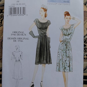 FF Vogue Vintage V8728 Original 1946 Design Dress Pattern, Size 16-18-20-22, Vogue &#39;46 Dress Pattern L, Gathered Front Belted Dress pattern
