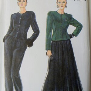 May include: New Look 6170 sewing pattern envelope featuring illustrations of two outfits. One shows a dark jacket with fur-trimmed cuffs and matching trousers. The other shows a green jacket with a brooch and a long, dark, pleated skirt.