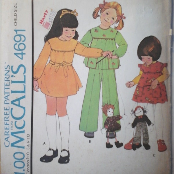 70s McCall's 4691 Toddlers Dress or Jumper and, Top and Pants, size 2, vintage children's sewing pattern, girls dress pattern 2yr, child Top