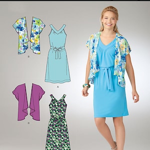 May include: A sewing pattern for a dress and a matching shrug. The pattern is for Simplicity pattern number 1643. The dress is shown in two different styles, one with a solid blue fabric and the other with a green and black geometric print. The shrug is shown in two different colors, one with a floral print and the other in solid purple.