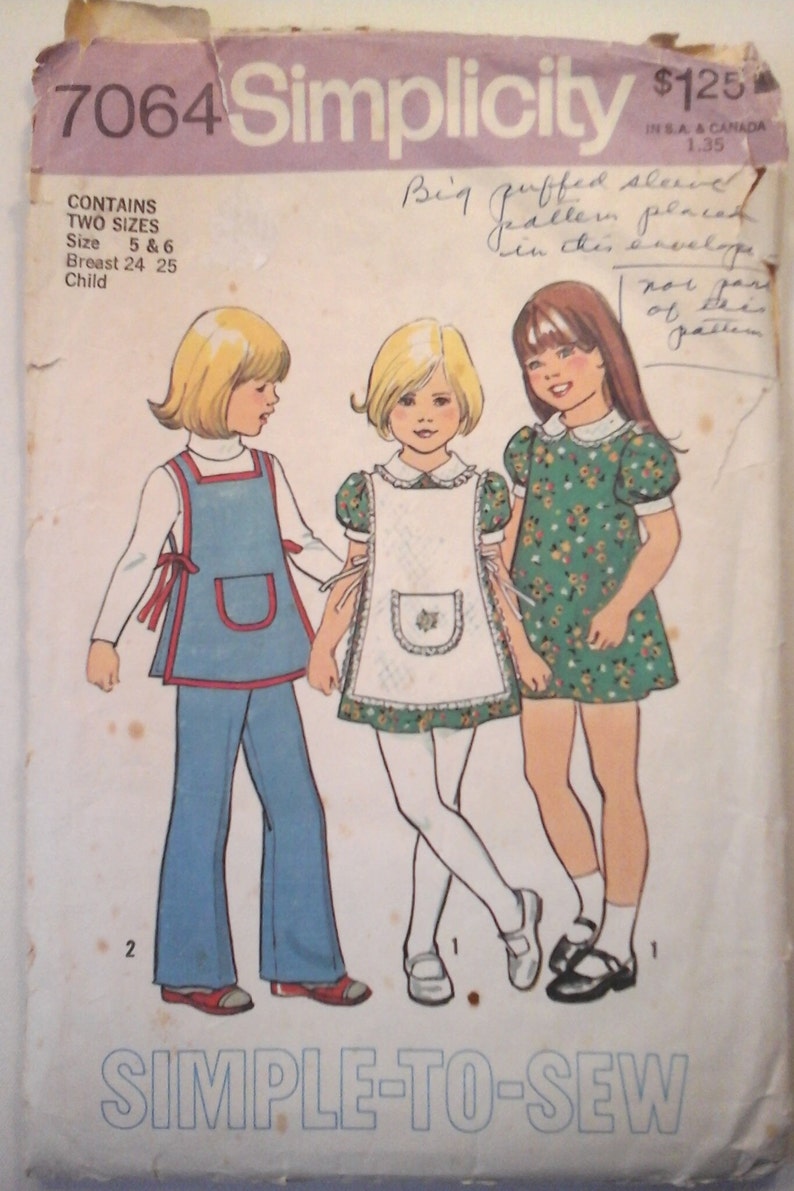 Simplicity 7064 Girls Dress, Apron and Pants Pattern, sizes 5-6, cover