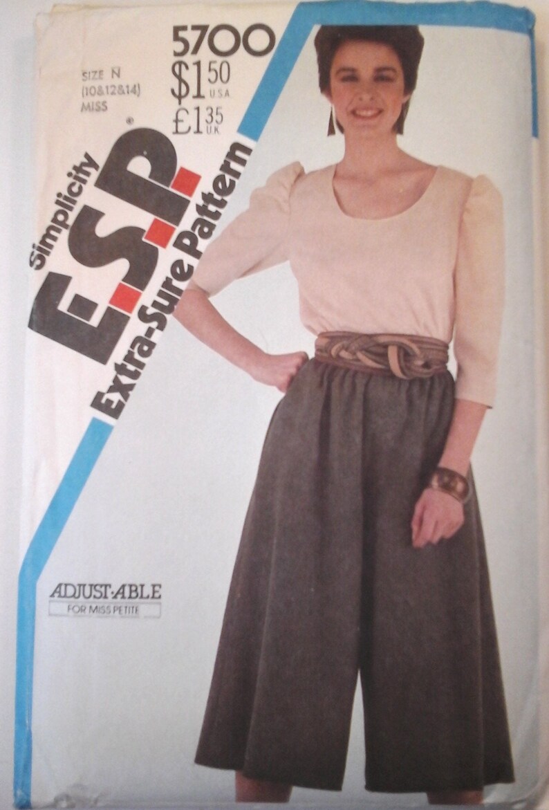 Simplicity 5700 easy Blouse and Culottes Pattern, size 10-12-14, Bust 32.5-36, 80s Split Skirt pattern, 80s blouse pattern image 1