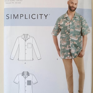May include: A Simplicity sewing pattern featuring shirt designs. The pattern includes diagrams of long and short-sleeved shirts. The image shows a man wearing a green tropical print shirt. The pattern's size range is U.S. 44-52.