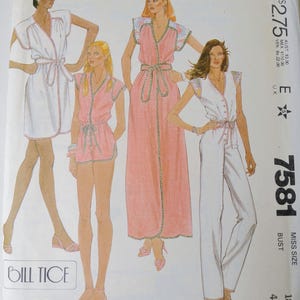 May include: McCall's sewing pattern 7581 featuring four women's fashion designs. The designs include a white wrap dress, a pink romper, a pink maxi dress, and a white jumpsuit. The pattern is by Bill Tice.