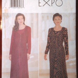 May include: A sewing pattern for a dress, featuring two models wearing different styles of dresses. The pattern is for sizes 14-16-18 and is from the Butterick Expo line. The pattern number is 5233.
