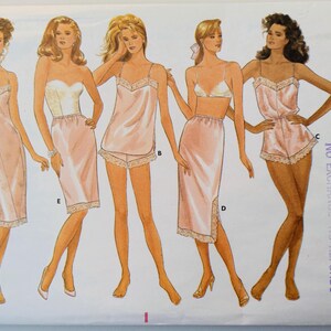May include: Butterick Classics 5740 sewing pattern featuring illustrations of lingerie designs. The pattern includes a slip, camisole and shorts set, a bra and skirt, and a romper. The pattern size is 18-22.