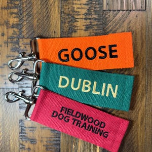 May include: Three fabric keychains with metal rings. The top keychain is orange with black text that says "GOOSE". The middle keychain is green with gold text that says "DUBLIN". The bottom keychain is red with black text that says "FIELDWOOD DOG TRAINING".