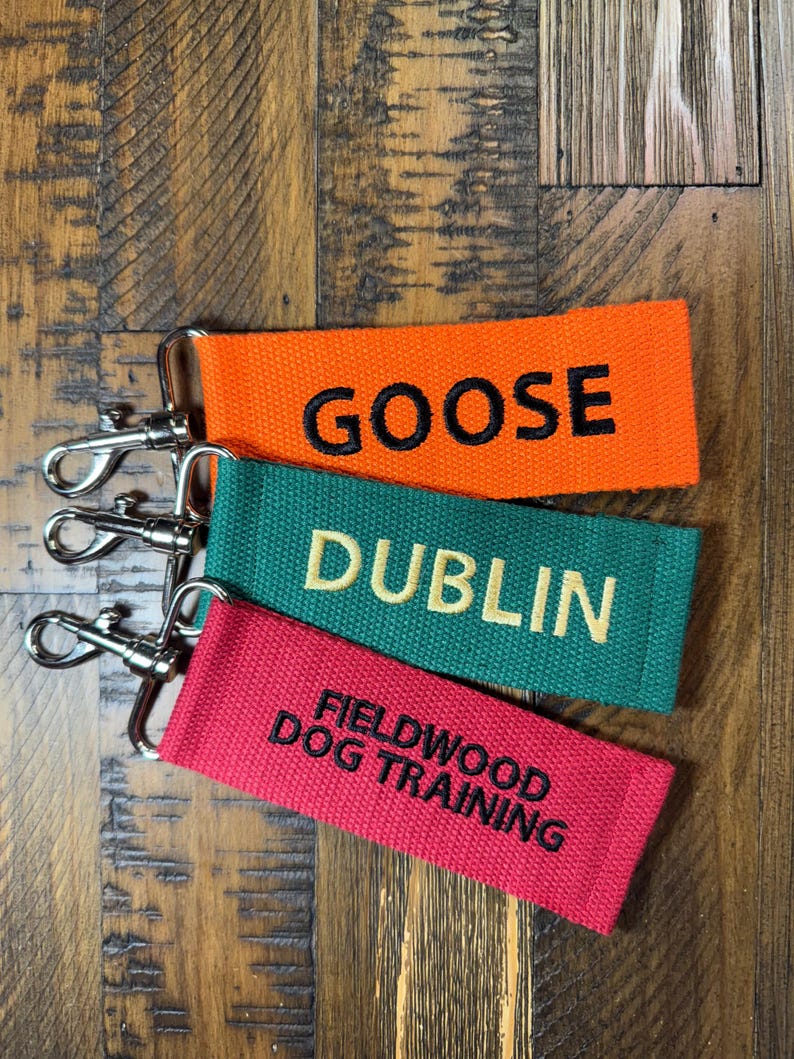 May include: Three fabric keychains with metal rings. The top keychain is orange with black text that says "GOOSE". The middle keychain is green with gold text that says "DUBLIN". The bottom keychain is red with black text that says "FIELDWOOD DOG TRAINING".