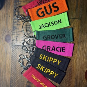May include: A set of eight colorful keychains with different names embroidered on them. The keychains are made of fabric and have a silver metal ring. The names on the keychains are Gus, Jackson, Grover, Gracie, Skippy, Skippy, and Velvet Brown.