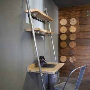 Lean-to Desk/Ladder Desk, Industrial Style, Reclaimed Scaffold Board Desk Top and Shelves with Galvanised Steel Frame image 2