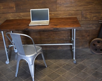 Wheeled Modern Industrial Desk, Reclaimed Scaffold Board and Galvanised Steel