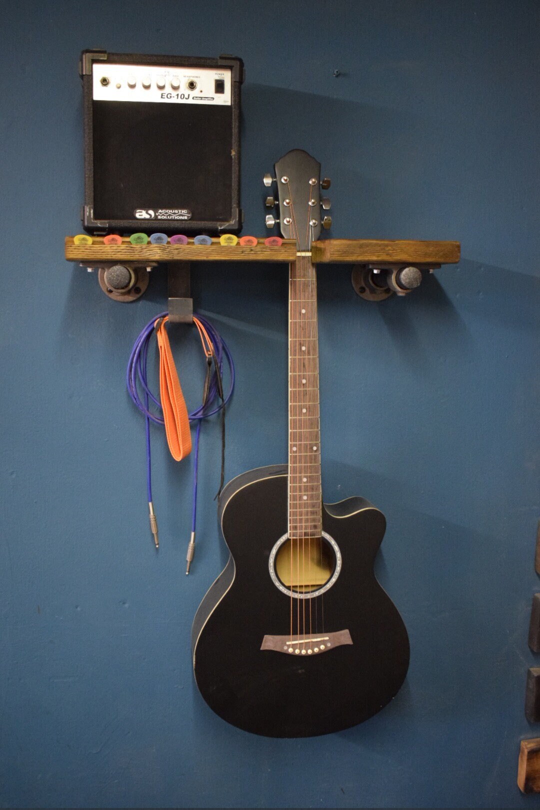 Wall Mounted Guitar Rack and Shelf With Pick Slot and Accessory Hooks