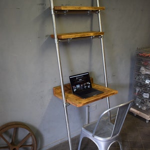 Lean-to Desk/Ladder Desk, Industrial Style, Reclaimed Scaffold Board Desk Top and Shelves with Galvanised Steel Frame image 8