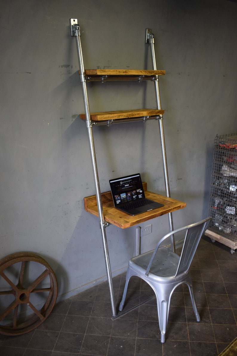 Lean-to Desk/Ladder Desk, Industrial Style, Reclaimed Scaffold Board Desk Top and Shelves with Galvanised Steel Frame image 8