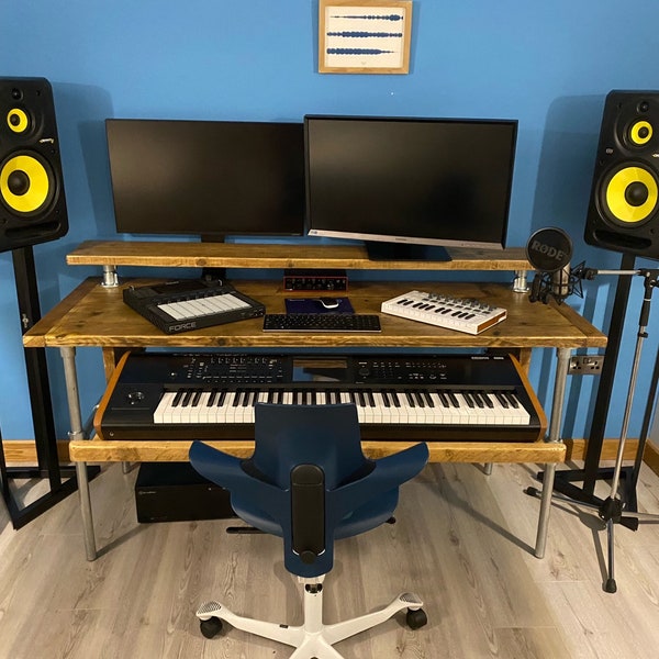 Industrial Style Music Studio Desk with extending Keyboard Shelf, and Rear Monitor/Speaker Platform, Reclaimed Scaffold Board, Steel Tube