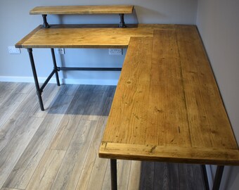 Industrial Full Depth Corner Desk with Raised Shelf, Reclaimed Scaffold Board Top with Galvanised or Raw Steel Frame